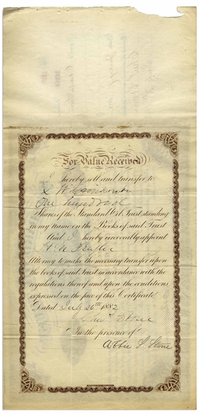 John D. Rockefeller Signed Stock Certificate for Standard Oil Trust From 1882